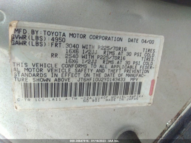 2000 LEXUS RX 300 VIN: JT6HF10U2Y0143433