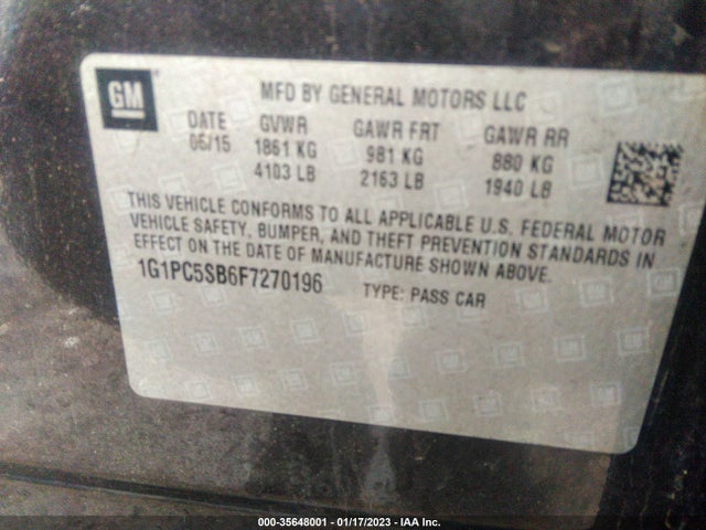 2015 Chevrolet Cruze, VIN: 1G1PC5SB6F7270196