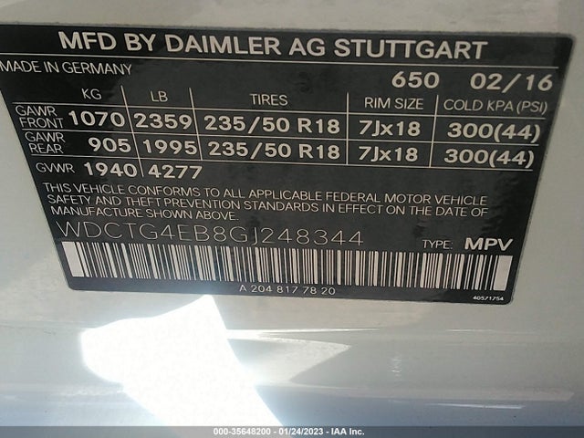 2016 Mercedes-Benz GLA-Class, VIN: WDCTG4EB8GJ248344
