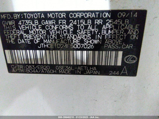 2015 Lexus IS, VIN: JTHCE1D24F5007026