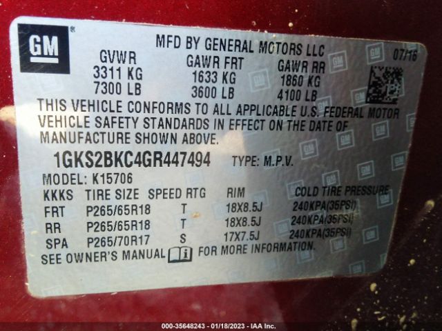 1GKS2BKC4GR447494 GMC YUKON SLT