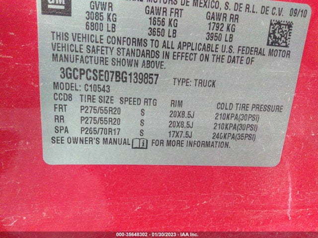 2011 CHEVROLET SILVERADO 1500 LT VIN: 3GCPCSE07BG139857