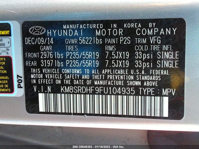 2015 Hyundai Santa Fe, VIN: KM8SRDHF9FU104935