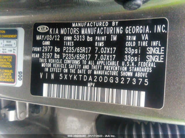 2013 KIA SORENTO LX VIN: 5XYKTDA20DG327375