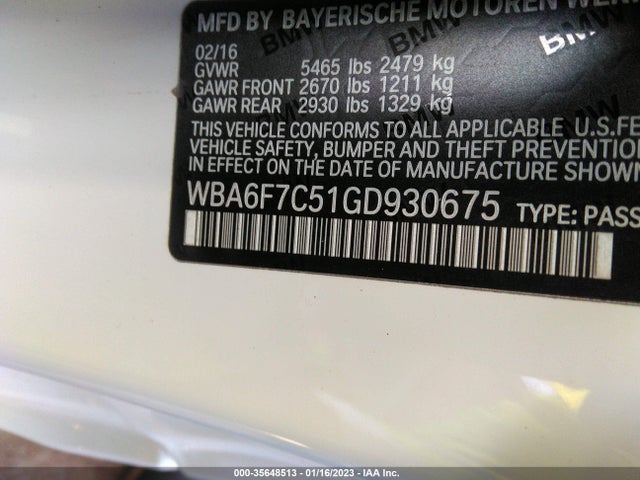 2016 BMW 6 Series, VIN: WBA6F7C51GD930675
