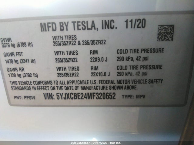 2021 Tesla Model X, VIN: 5YJXCBE24MF320652