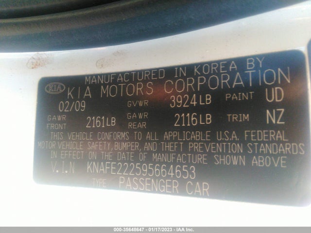 2009 KIA SPECTRA EX VIN: KNAFE222595664653