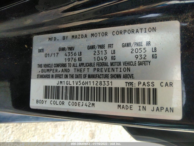 2017 MAZDA MAZDA6 TOURING VIN: JM1GL1V56H1128331