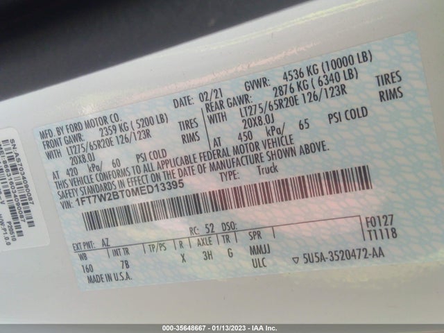 2021 Ford F-250, VIN: 1FT7W2BT0MED13395