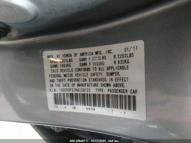 2017 HONDA ACCORD SEDAN SPORT VIN: 1HGCR2F57HA136120