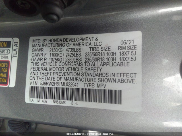 2021 HONDA CR-V EX-L VIN: 5J6RW2H81ML022941