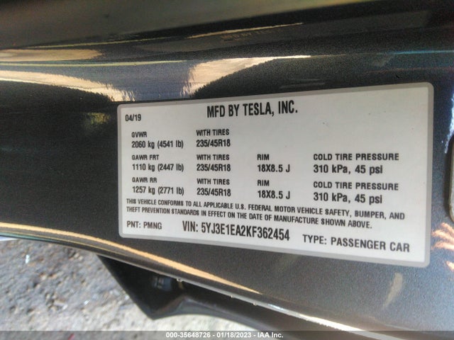 Tesla Model 3 Range 2019 5YJ3E1EA2KF362454 Image 10
