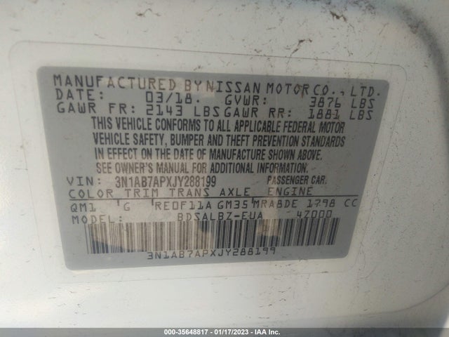 2018 NISSAN SENTRA S VIN: 3N1AB7APXJY288199