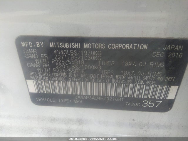 JA4AP3AU4HZ021681 Mitsubishi Outlander Sport 2.0