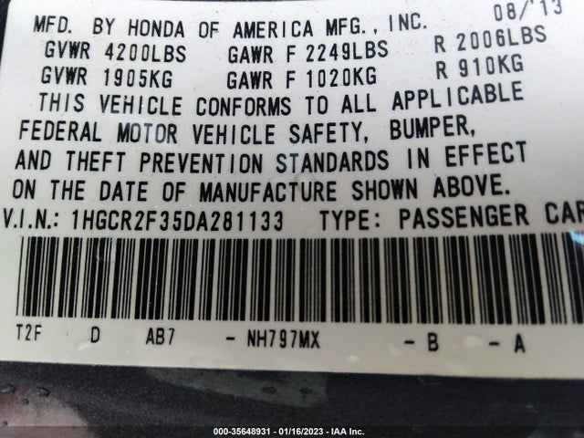 2013 HONDA ACCORD SDN LX VIN: 1HGCR2F35DA281133