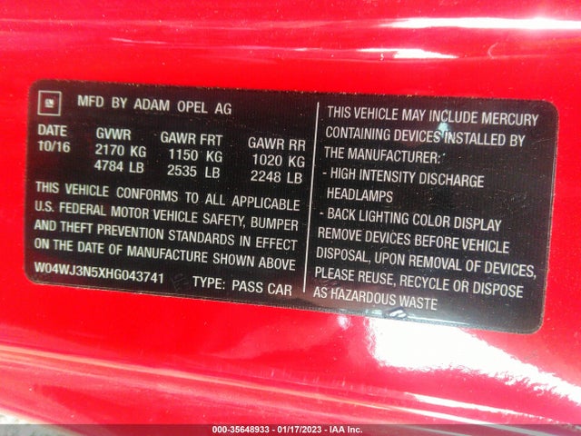 2017 Buick Cascada, VIN: W04WJ3N5XHG043741