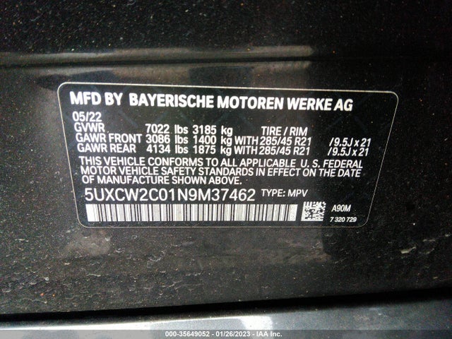 2022 BMW X7, VIN: 5UXCW2C01N9M37462