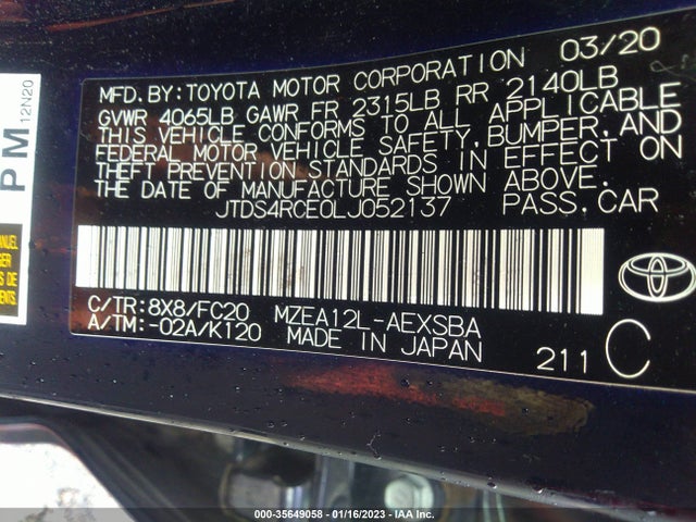 2020 TOYOTA COROLLA SE/NIGHTSHADE VIN: JTDS4RCE0LJ052137