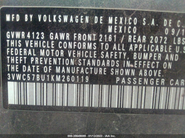 3VWC57BU1KM260119 Volkswagen Jetta S/se/r-line