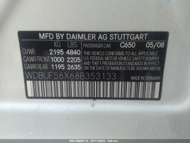 2008 MERCEDES-BENZ E-CLASS 3.5L VIN: WDBUF56X68B353133