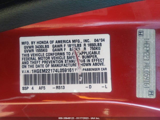 2004 HONDA CIVIC VP VIN: 1HGEM22174L059161