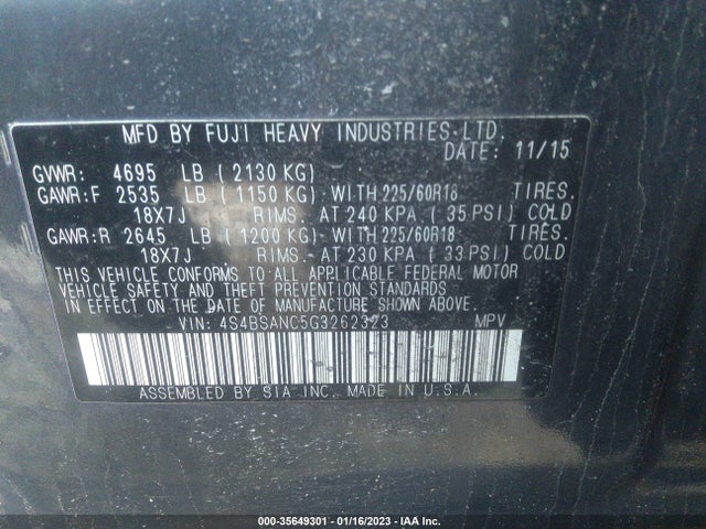 2016 Subaru Outback, VIN: 4S4BSANC5G3262323