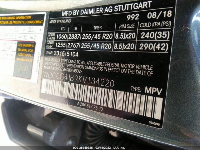 2019 Mercedes-Benz GLC-Class, VIN: WDC0G4JB9KV134220