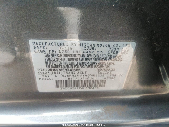 2016 Nissan Versa, VIN: 3N1CN7AP7GL892895