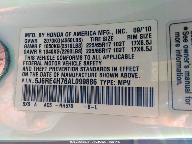 2010 HONDA CR-V EX-L VIN: 5J6RE4H76AL099886