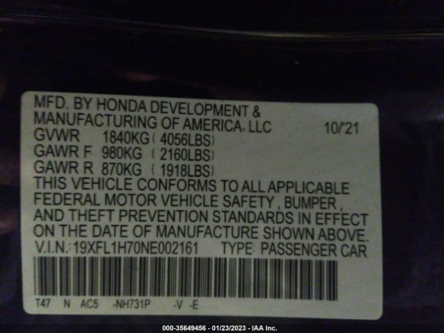 19XFL1H70NE002161 Honda Civic Ex-l