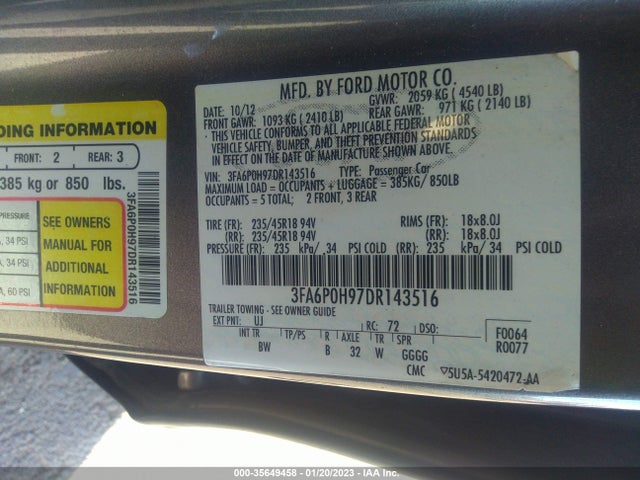 2013 FORD FUSION SE VIN: 3FA6P0H97DR143516