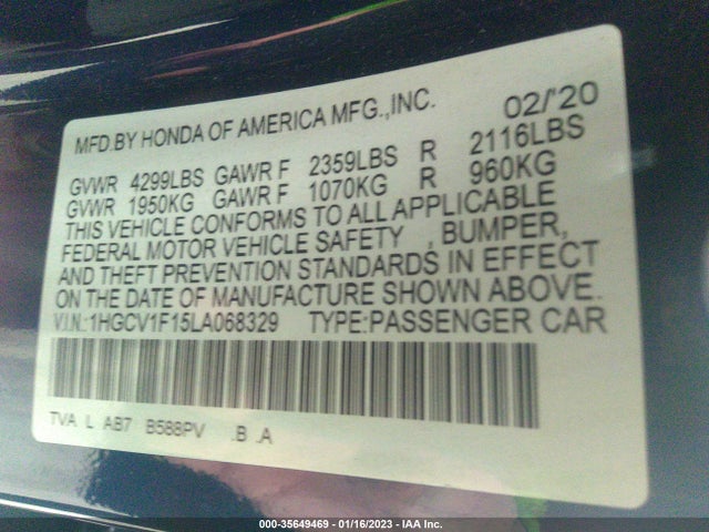 2020 HONDA ACCORD SEDAN LX VIN: 1HGCV1F15LA068329