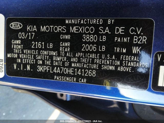 3KPFL4A70HE141268 KIA FORTE LX