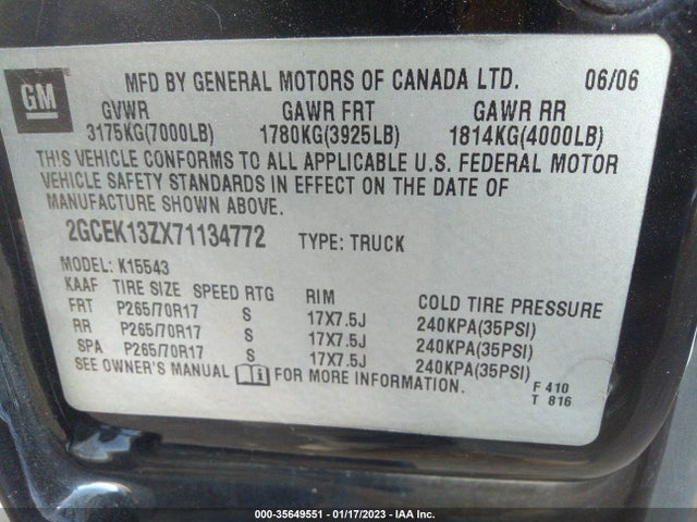 2007 CHEVROLET SILVERADO 1500 CLASSIC LT3 VIN: 2GCEK13ZX71134772