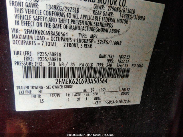 2009 FORD FLEX SEL VIN: 2FMEK62C69BA50564