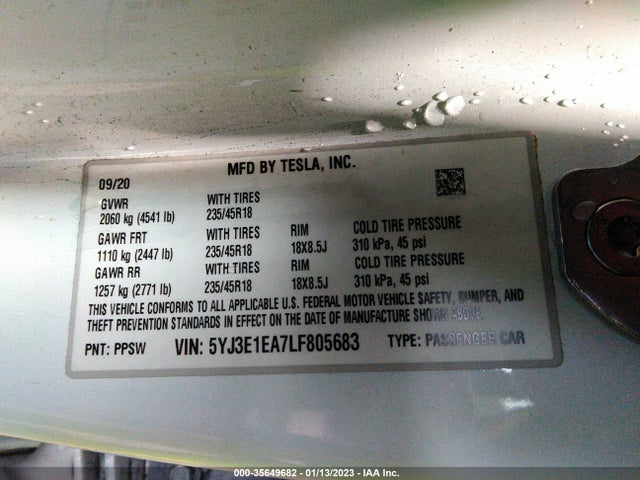 5YJ3E1EA7LF805683 Tesla Model 3 Standard Range