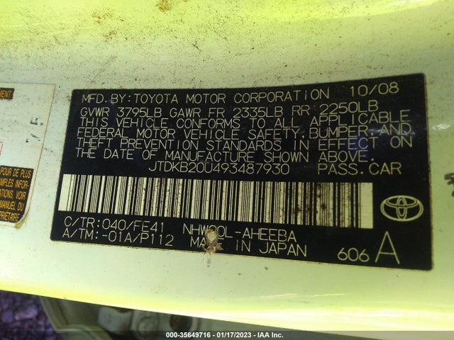 2009 TOYOTA PRIUS VIN: JTDKB20U493487930