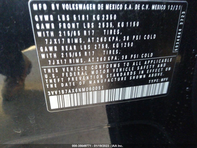 2022 Volkswagen Tiguan, VIN: 3VV1B7AX6NM060051