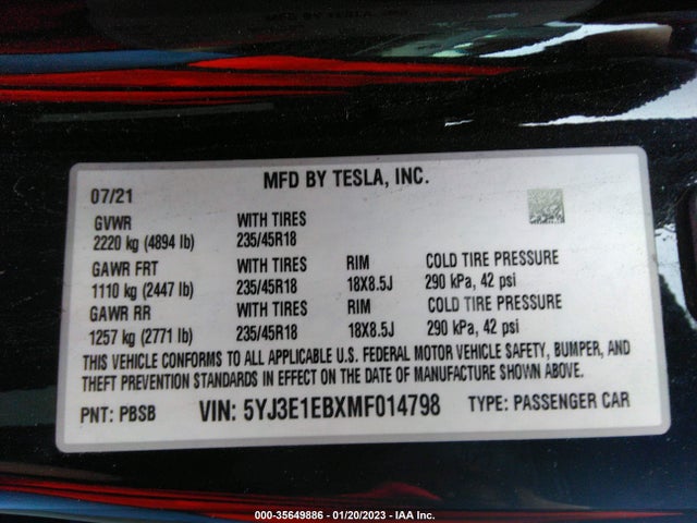 Tesla Model 3 Long Range 2021 5YJ3E1EBXMF014798 Image 11