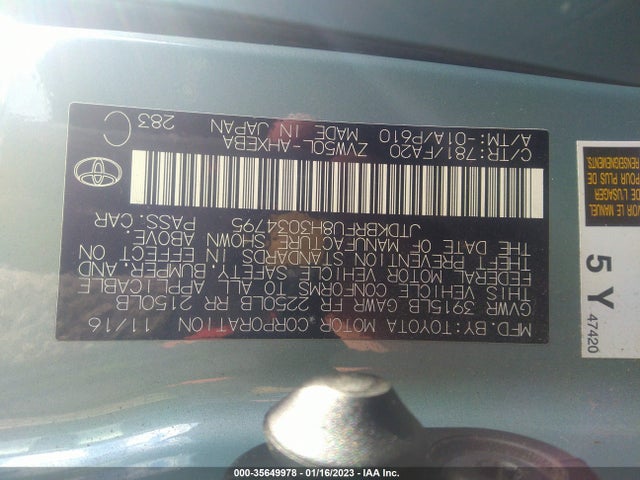 Aukcja sprzedaży 2017 Toyota Prius Two/two Eco/three, vin: JTDKBRFU8H3034795, numer aukcji: 35649978