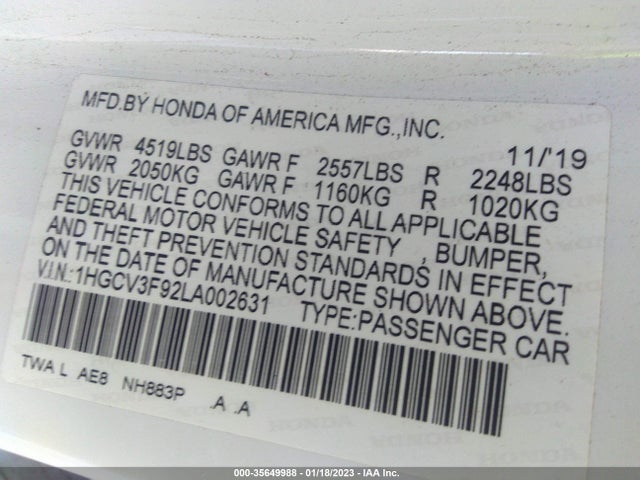2020 Honda Accord, VIN: 1HGCV3F92LA002631