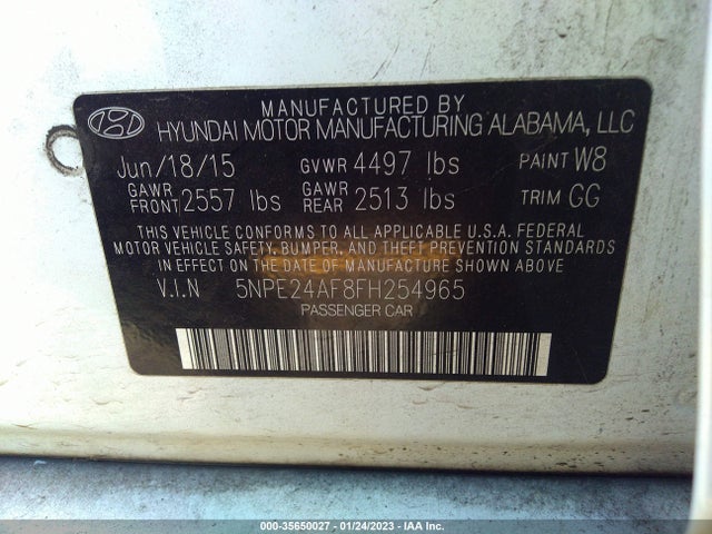 2015 HYUNDAI SONATA 2.4L SE VIN: 5NPE24AF8FH254965