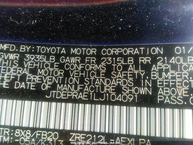 2020 TOYOTA COROLLA LE VIN: JTDEPRAE1LJ104091