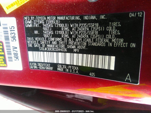 2012 TOYOTA SIENNA LE VIN: 5TDJK3DC0CS044036