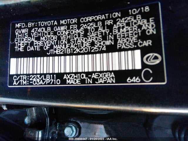 2019 Lexus ES, VIN: JTHB21B12K2012574