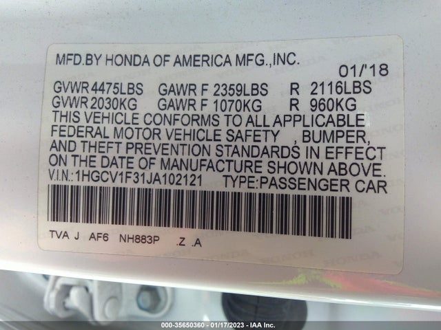 2018 Honda Accord, VIN: 1HGCV1F31JA102121