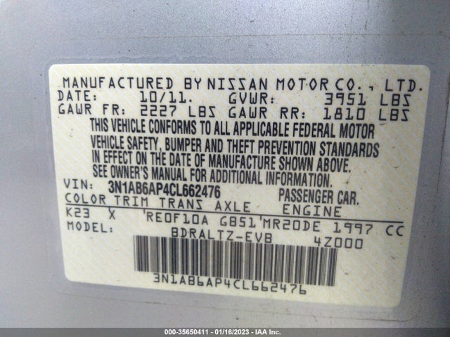 2012 NISSAN SENTRA 2.0 SR VIN: 3N1AB6AP4CL662476