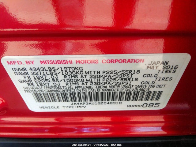 JA4AP3AU1GZ048318 Mitsubishi Outlander Sport 2.0 Es