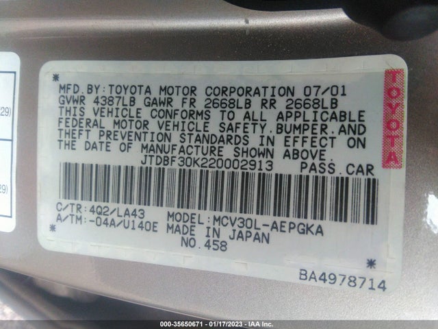 2002 TOYOTA CAMRY XLE/LE/SE VIN: JTDBF30K220002913