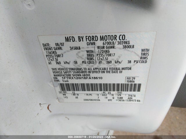 2008 FORD F-150 STX/XLT/FX2/XL VIN: 1FTRX12W18FA18610